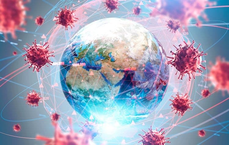 Visualisierung einer globalen Virusausbreitung über die Erde Grafische Darstellung der Erde, umgeben von vielen Viruspartikeln mit Netzwerklinien und Datenpunkten